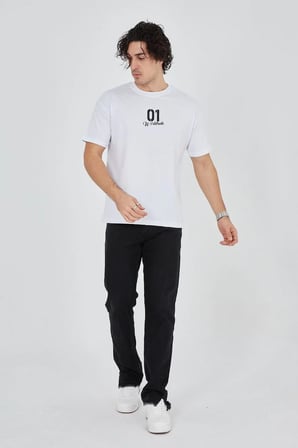 Erkek Baskılı T-Shirt Kısa Kol Bisiklet Yaka Regular Fit Rahat Kalıp Günlük Tişört - Beyaz