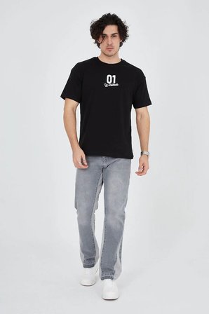 Erkek Baskılı T-Shirt Kısa Kol Bisiklet Yaka Regular Fit Rahat Kalıp Günlük Tişört - Siyah