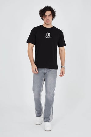 Erkek Baskılı T-Shirt Kısa Kol Bisiklet Yaka Regular Fit Rahat Kalıp Günlük Tişört - Siyah