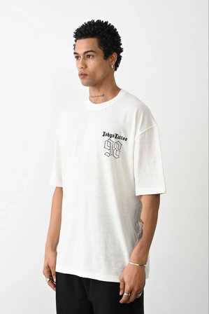 Erkek Kısa Kol Yazlık Tişört Bisiklet Yaka Baskılı Oversize T-Shirt - Beyaz