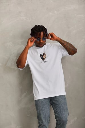 Erkek Baskılı T-Shirt Kısa Kol Bisiklet Yaka Regular Fit Rahat Kalıp Günlük Tişört - Beyaz