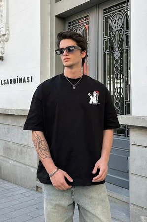 Erkek Kısa Kol Yazlık Tişört Bisiklet Yaka Baskılı Oversize T-Shirt - Beyaz