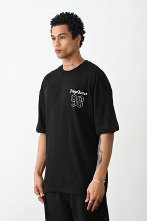 Erkek Kısa Kol Yazlık Tişört Bisiklet Yaka Baskılı Oversize T-Shirt - Siyah