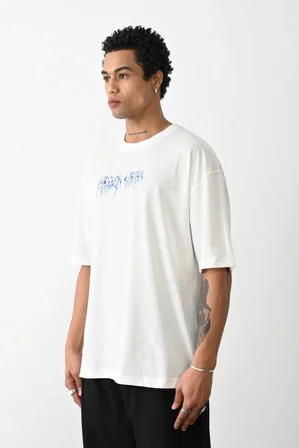 Erkek Kısa Kol Yazlık Tişört Bisiklet Yaka Baskılı Oversize T-Shirt -  Beyaz