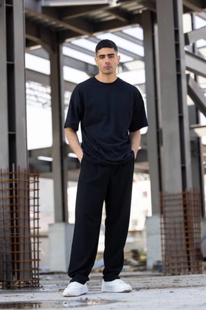 Erkek Düz T-Shirt Kısa Kol Bisiklet Yaka Regular Fit Rahat Kalıp Günlük Tişört - Siyah