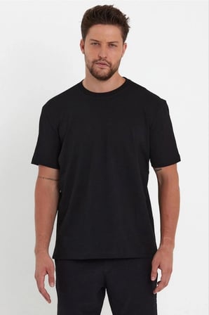 Erkek Düz T-Shirt Kısa Kol Bisiklet Yaka Regular Fit Rahat Kalıp Günlük Tişört - Siyah