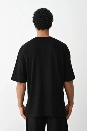 Erkek Boxy Eldiven Baskılı T-Shirt Kısa Kol Bisiklet Yaka Tişört - Siyah