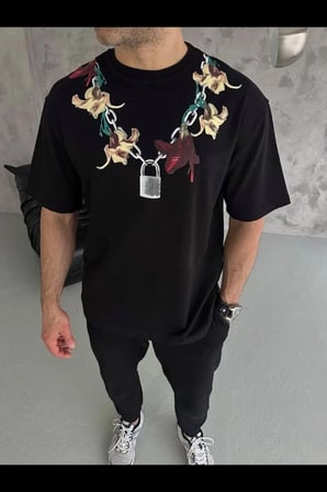 Erkek Baskılı T-Shirt Kısa Kol Bisiklet Yaka Regular Fit Rahat Tişört - Siyah