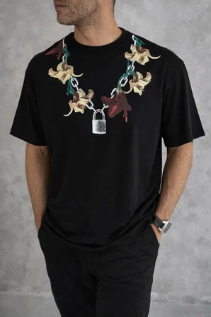 Erkek Baskılı T-Shirt Kısa Kol Bisiklet Yaka Regular Fit Rahat Tişört - Siyah