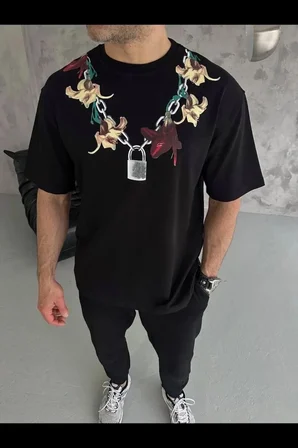 Erkek Baskılı T-Shirt Kısa Kol Bisiklet Yaka Regular Fit Rahat Tişört - Siyah