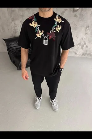 Erkek Baskılı T-Shirt Kısa Kol Bisiklet Yaka Regular Fit Rahat Tişört - Siyah