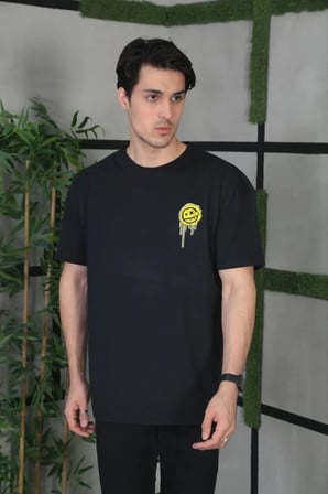 Erkek Kısa Kol Yazlık Tişört Bisiklet Yaka Baskılı Oversize T-Shirt - Siyah