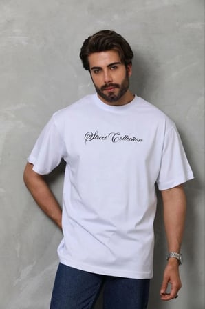 Erkek Baskılı T-Shirt Kısa Kol Bisiklet Yaka Regular Fit Tişört - Beyaz