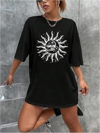 Kadın Baskılı T-Shirt Kısa Kol Bisiklet Yaka Regular Fit Rahat Kalıp Tişört - Siyah