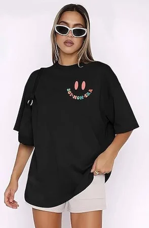 Kadın Baskılı T-Shirt Kısa Kol Bisiklet Yaka Oversize Rahat Kalıp Tişört - Siyah