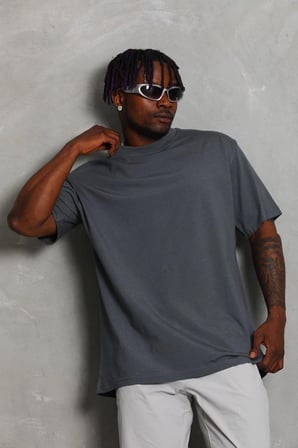 Erkek Düz Yazlık Kısa Kol Tişört Bisiklet Yaka Oversize T-Shirt - Füme