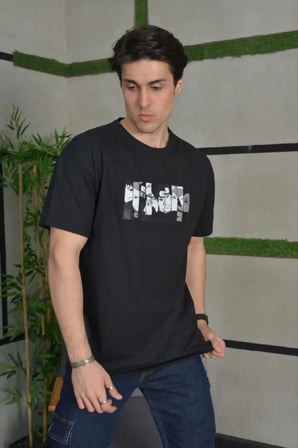 Erkek Kısa Kol Yazlık Tişört Bisiklet Yaka Baskılı Oversize T-Shirt - Siyah