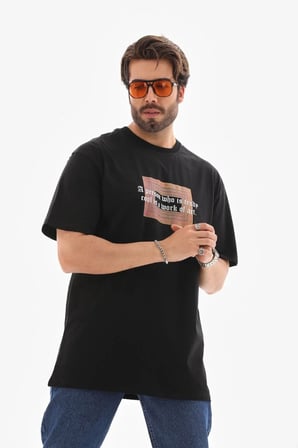 Erkek Kısa Kol Yazlık Tişört Bisiklet Yaka Baskılı Oversize T-Shirt - Siyah