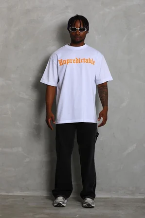 Erkek Baskılı Tişört Kısa Kol Bisiklet Yaka Oversize T-Shirt - Beyaz