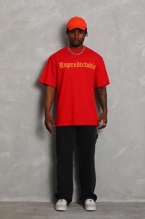 Erkek Baskılı Tişört Kısa Kol Bisiklet Yaka Oversize T-Shirt - Kırmızı