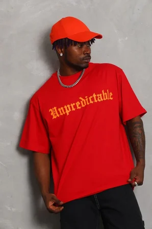 Erkek Baskılı Tişört Kısa Kol Bisiklet Yaka Oversize T-Shirt - Kırmızı