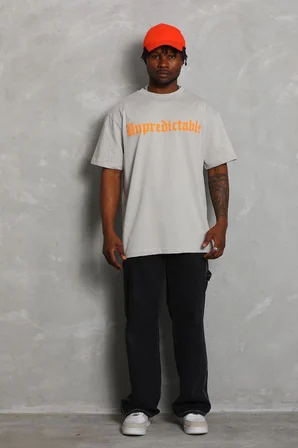 Erkek Baskılı Tişört Kısa Kol Bisiklet Yaka Oversize T-Shirt - Gri