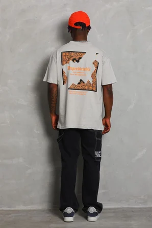 Erkek Baskılı Tişört Kısa Kol Bisiklet Yaka Oversize T-Shirt - Gri