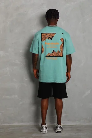Erkek Baskılı Tişört Kısa Kol Bisiklet Yaka Oversize T-Shirt - Mint Yeşili