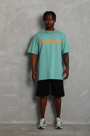Erkek Baskılı Tişört Kısa Kol Bisiklet Yaka Oversize T-Shirt - Mint Yeşili