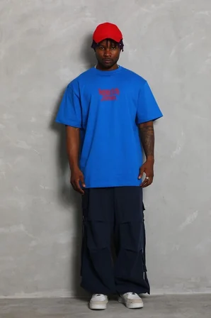 Erkek Baskılı Tişört Kısa Kol Bisiklet Yaka Oversize T-Shirt - Mavi