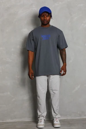 Erkek Baskılı Tişört Kısa Kol Bisiklet Yaka Oversize T-Shirt - Füme