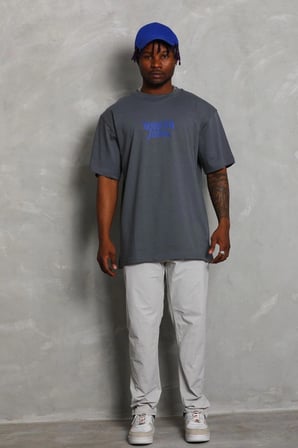 Erkek Baskılı Tişört Kısa Kol Bisiklet Yaka Oversize T-Shirt - Füme