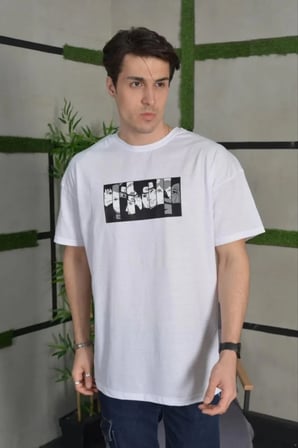 Erkek Kısa Kol Yazlık Tişört Bisiklet Yaka Baskılı Oversize T-Shirt - Beyaz