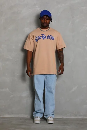 Erkek Baskılı Tişört Kısa Kol Bisiklet Yaka Oversize T-Shirt - Bej