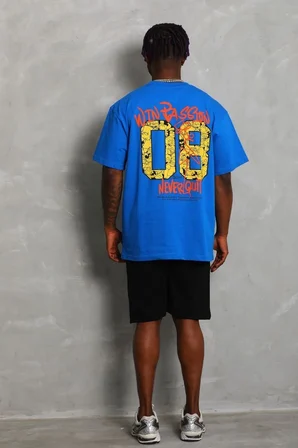 Erkek Baskılı Tişört Kısa Kol Bisiklet Yaka Oversize T-Shirt - Mavi