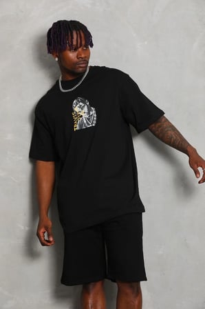 Erkek Baskılı Tişört Kısa Kol Bisiklet Yaka Oversize T-Shirt - Siyah