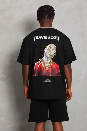 Erkek Baskılı Tişört Kısa Kol Bisiklet Yaka Oversize T-Shirt - Siyah