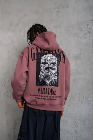 Erkek 3 İplik Pamuklu Kapüşonlu Baskılı Cepli Oversize Sweatshirt Hoodie - Gül Kurusu