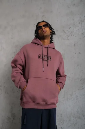 Erkek 3 İplik Pamuklu Kapüşonlu Baskılı Cepli Oversize Sweatshirt Hoodie - Gül Kurusu