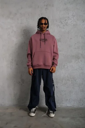 Erkek 3 İplik Pamuklu Kapüşonlu Baskılı Cepli Oversize Sweatshirt Hoodie - Gül Kurusu