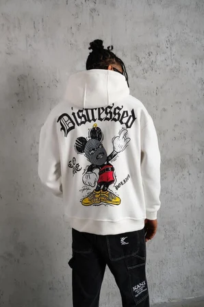 Erkek 3 İplik Pamuklu Kapüşonlu Baskılı Cepli Oversize Sweatshirt Hoodie - Beyaz