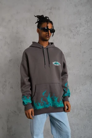 Erkek 3 iplik Pamuklu Alev Baskılı Kapüşonlu hoodie Sweatshirt - Gri