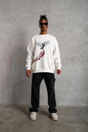 Erkek Güvercin Baskılı 3 iplik pamuklu Bisiklet Yaka Sweatshirt - Beyaz
