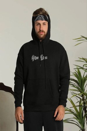 Erkek 3 İplik Pamuklu Kapüşonlu Baskılı Cepli Oversize Sweatshirt Hoodie - Siyah