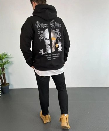 Erkek 3 İplik Pamuklu Kapüşonlu Baskılı Cepli Oversize Sweatshirt Hoodie - Siyah