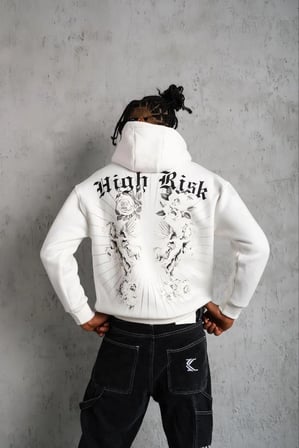 Erkek 3 İplik Pamuklu Kapüşonlu Baskılı Cepli Oversize Sweatshirt Hoodie - Beyaz