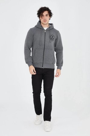Erkek 3 İplik Pamuklu Fermuarlı Kapüşonlu Kanguru Cepli Baskılı Hoodie Hırka Sweatshirt - Füme