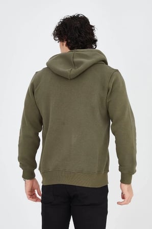 Erkek 3 İplik Pamuklu Fermuarlı Kapüşonlu Kanguru Cepli Baskılı Hoodie Hırka Sweatshirt - Yeşil