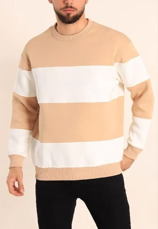 Erkek 3 iplik pamuklu Parçalı Bisiklet Yaka SweatShirt - Bej
