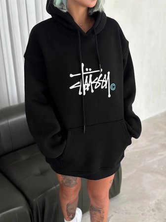 Kadın Oversize Kapüşonlu Cepli Baskılı 3 İplik Pamuklu Hoodie Sweatshirt - Siyah